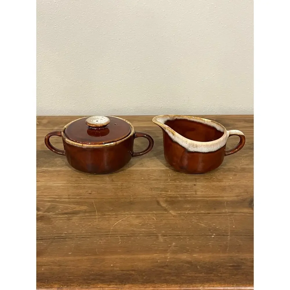 Vintage Brown Drip Glaze‎ Creamer and Sugar Bowl Set MCM Farmhouse Kitchen Decor